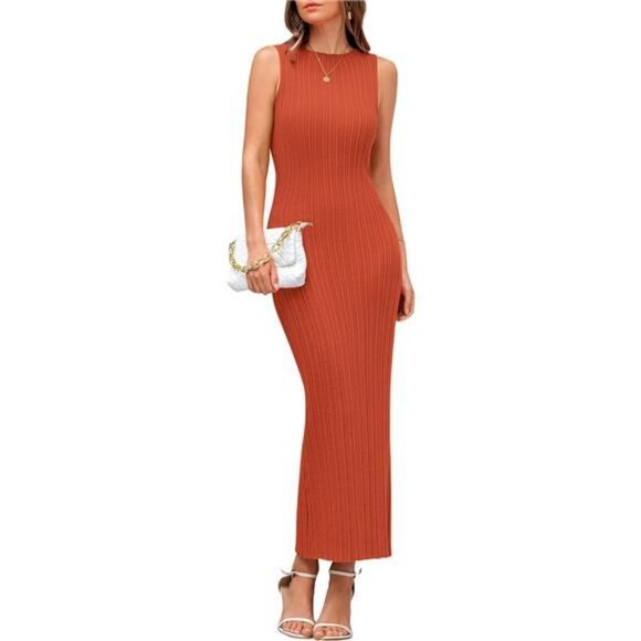 Women's Casual Maxi Dresses Ribbed Knit Sleeveless Orange - Picture 1 of 7
